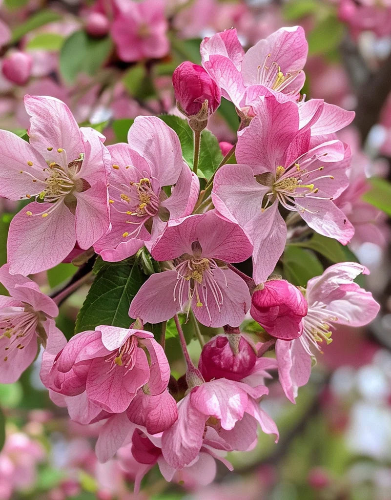 Close-up of Pink Perfection crabapple blossom with green leaves