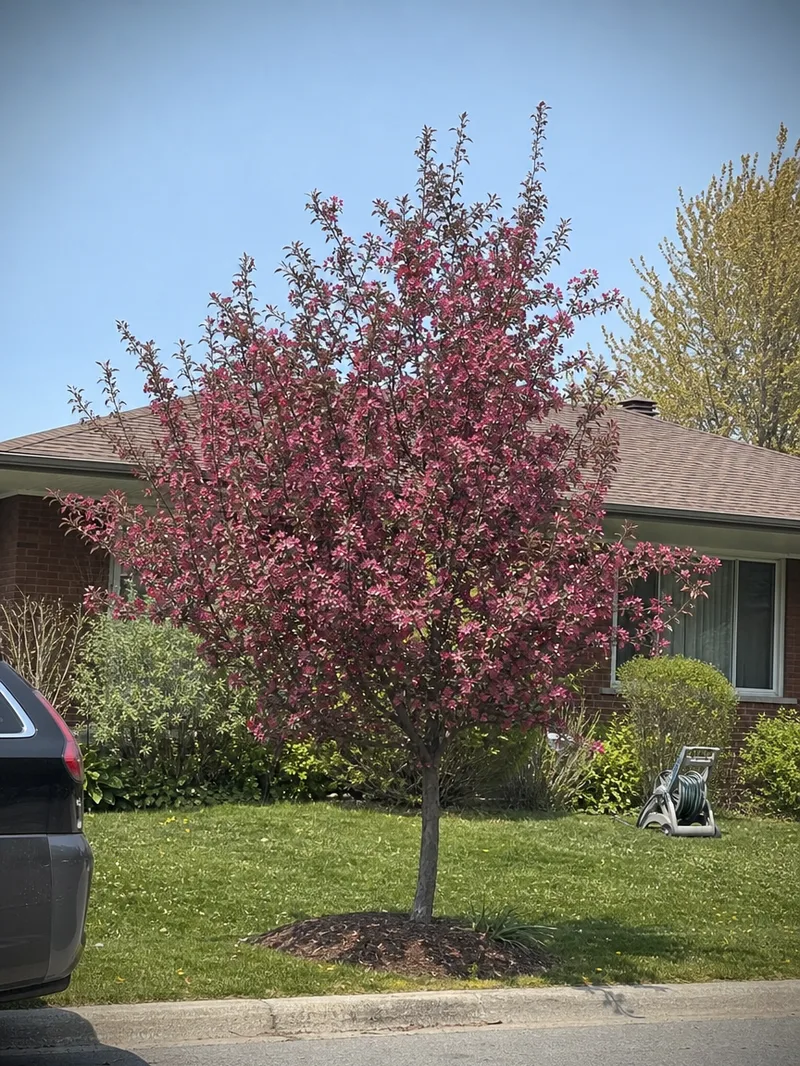 Pink flowering Profusion crabapple trees in a park with a building in the background