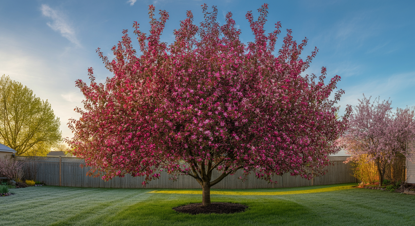 Center the main subject in the middle of the image with space above and below for 16:9 formatting. Stunning photo-realistic wide landscape-style photograph of a single mature crabapple tree in full sp...