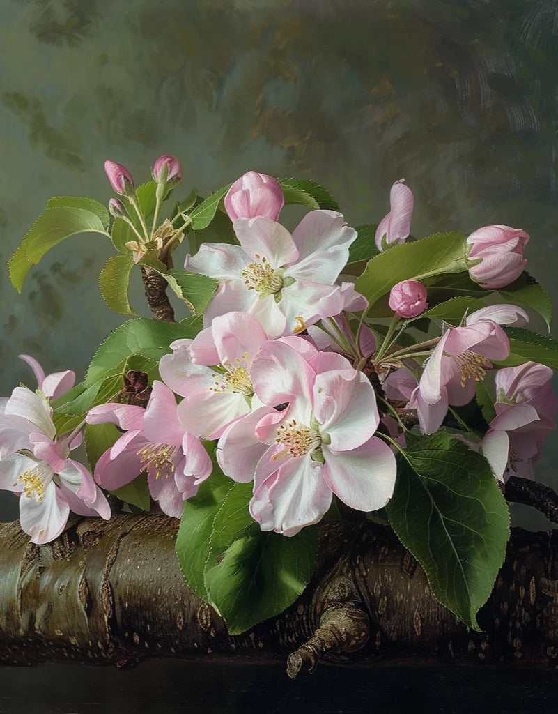 Brandywine crabapple flowers on a branch with a blurred green background